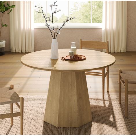 Mesa de comedor redonda 120 cm para 4-6 personas, MDF efecto roble HAVRYA (1/5)