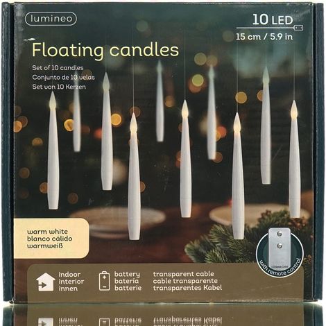 Lumineo Batterie LED Schwebende Kerzen Weiß transparente Fäden Ø 1,5 cm Höhe 15 cm 10 Stück Fernbedienung - warmweiß (1/4)