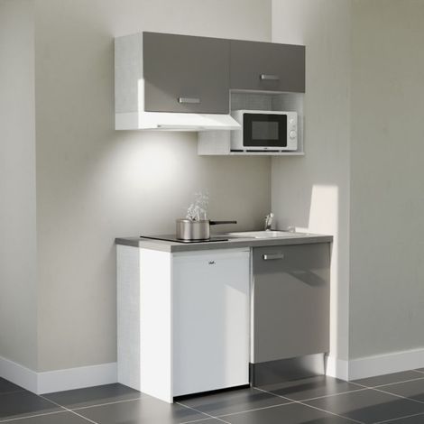 Kitchenette K02L-PT - 120 cm - plan stratifié, évier inox, - Façade Gris - Plan Gris béton - Evier Inox - Crédences Non + Electroménager inclus coloris Blanc