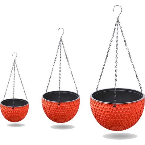 Pots de plantes suspendus d'extérieur, lot de 3, support de plantes suspendu en résine, Pots de plantes avec trous de Drainage et chaînes, rouge (1/2)