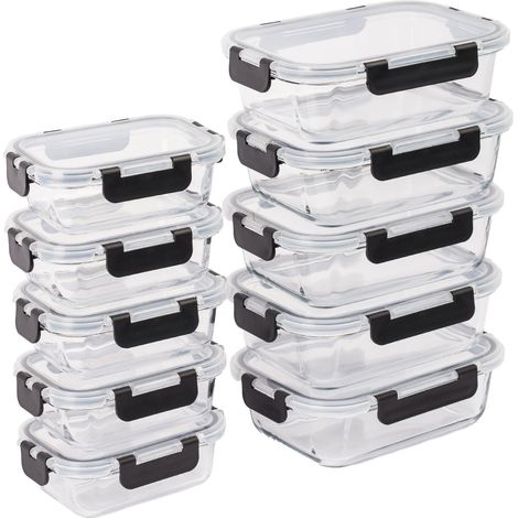 Relaxdays glass food storage containers with lids, 10-piece set, 2 sizes, airtight, stackable, transparent (1/5)