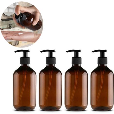 Distributeur de savon, shampoing et lotion (lotion) - Flacons à pompe - 500 ml - Réutilisable - Idéal pour les voyages et la salle de bain - Marron (1/5)