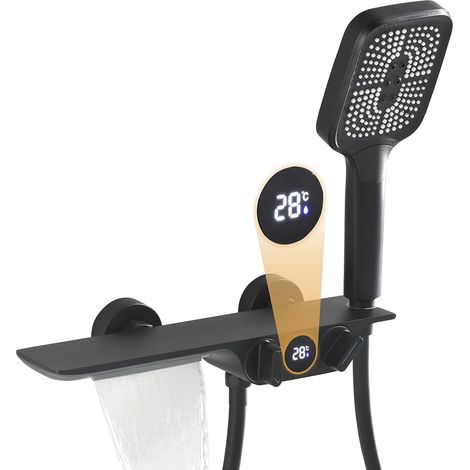 Robinet de Baignoire avec Douchette, Mitigeur Baignoire Cascade Noir (1/5)