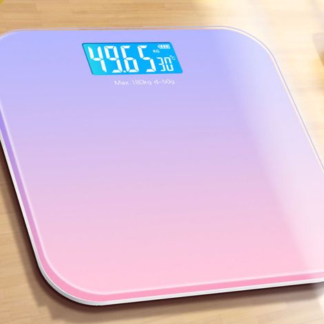 Elektronische Badezimmerwaage aus Glas, smarte LCD-Badezimmerwaage mit Farbverlauf in Lila 26x26 cm, Batterien inklusive, 360°-Schaumstoffschutz und E-Commerce-Box, Waage für die Gesundheit zu Hause. (1/5)