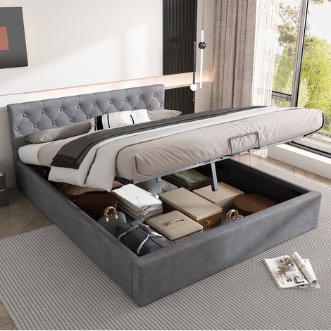 Letto matrimoniale imbottito elegante 140x200 cm in velluto grigio con testiera trapuntata, contenitore idraulico e rete a doghe (1/5)