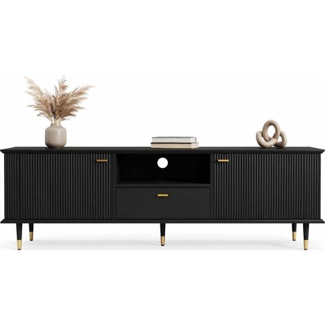 Meuble TV avec 2 portes, niche ouverte et tiroir, passe-câbles, finition laquée noire, charnières soft-close, pieds métal doré, design moderne pour salon - CHICFURN (1/5)