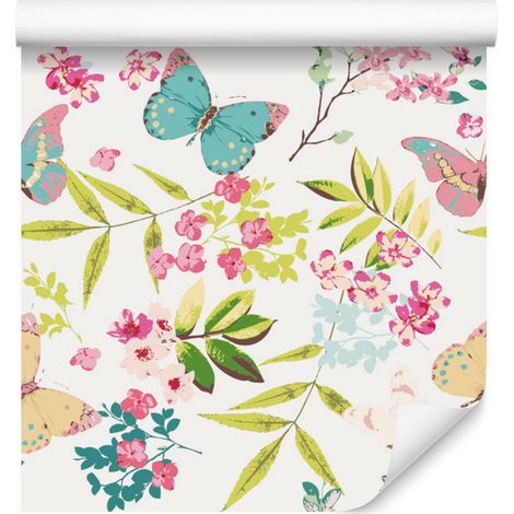 Papier peint papillons et fleurs colorés pour salon et chambre 50x1000 cm (1/5)