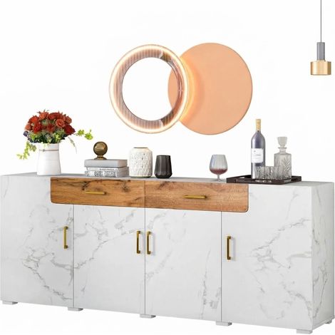 ELVMI Credenza con 4 Ante, 2 Cassetti e 4 Ripiani, per Cucina, Pannello di Particelle, 208 x 39.5 x 80 cm, Bianco (1/5)