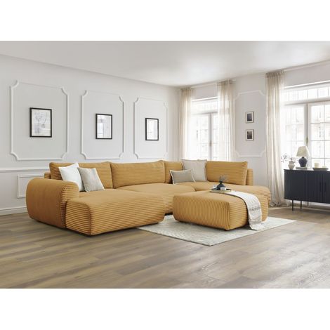 BOBOCHIC - Canapé panoramique convertible coffre LUCIEN gros côtelé doux avec pouf Angle gauche Jaune (1/5)