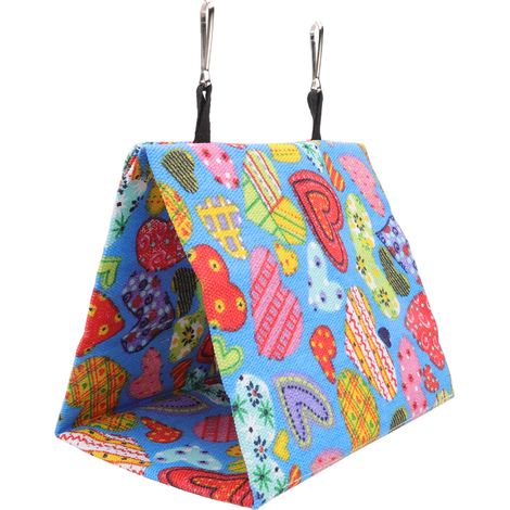 Tente suspendue triangulaire en toile colorée pour perroquets, avec crochets, idéale pour les calopsittes et les inséparables (17 x 11 x 15 cm). (1/5)