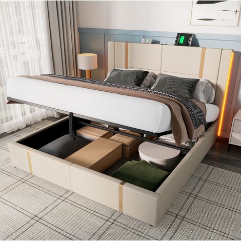 Letto contenitore 180x200 cm in tessuto beige con LED, senza materasso – MEUBLIV (1/5)