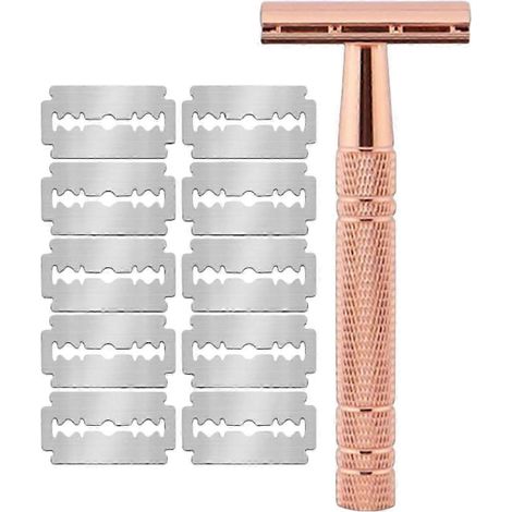 Rasoir de sûreté double tranchant or rose pour femme, avec 10 lames de rasoir double tranchant revêtues de platine, rasoirs métalliques réutilisables pour homme, indispensables en voyage (1/5)