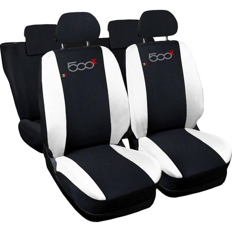 Lupex shop - Coprisedili Auto Compatibili per 500X, Made In Italy, set di copri sedili anteriori e posteriori con copri poggiatesta incluso, tessuto poliestere, Nero - Bianco