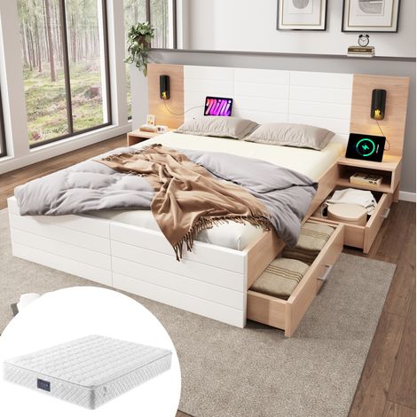 Letto matrimoniale 160x200 con cassetti, LED e USB DESVIAE (1/5)