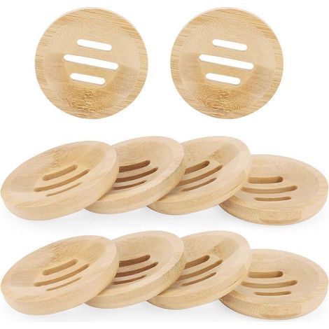 Lot de 10 porte-savons ronds en bambou, 80 mm de diamètre, en bois naturel. Porte-savon en bois pour la cuisine et la salle de bain. (1/5)