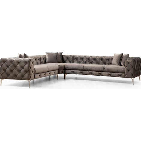 Les Tendances – Canapé d'angle gauche velours gris foncé capitonné – Longueur 270 cm – Pieds chromés – Confort optimal avec coussins modulables (1/5)