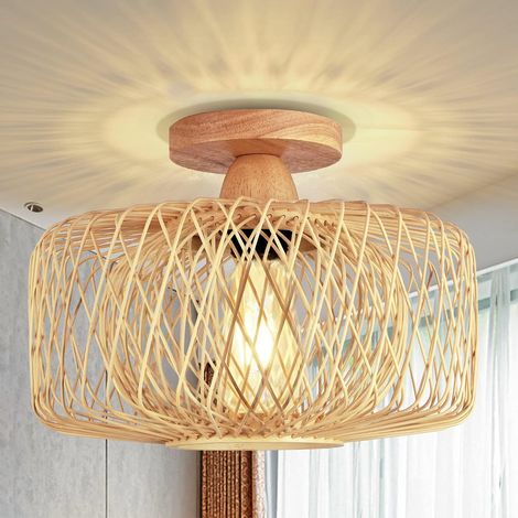 plafonnier salon, plafonnier vintage boho avec abat-jour en rotin, lampe suspendue rustique pour chambre cuisine couloir table à manger (1/5)