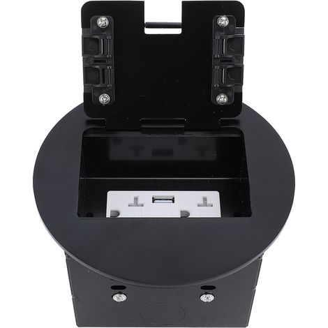 Boîtier prise encastrée sol inox antibrouillard étanche plate 20A 2x3 broches 2 USB ronde noire kit avec coffret vis accessoires (1/5)
