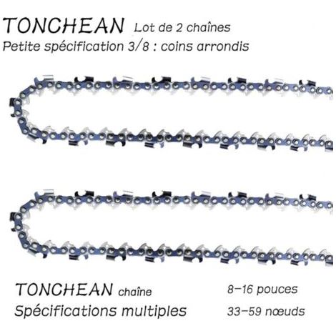QORVA
-Guide et chaîne pour tronçonneuse,Lot de 2 chaînes de tronçonneuse Faible Rebond 3/8"LP 42 maillons pour tronçonneuse (10pouces)Lame à 21 sections——Coins arrondis,de