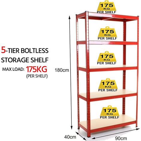 Heavy Duty 5 Tier Boltless Shelving Unit Warehouse Garage Utility Home Storage Rack, Adjustable - Can be split to create 2 seperate Shelf Units  Large, Red (1/5)