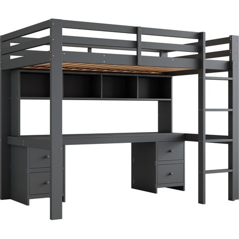 Letto a soppalco per bambini 90x200 cm con scrivania e contenitori in legno e MDF grigio (1/5)