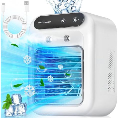 Ventilateur 2 en 1 avec climatiseur et humidificateur – Rafraîchisseur personnel avec 2 modes de brumisation, 2 vitesses de ventilation et batterie rechargeable 2000 mAh idéale pour les voyages (1/5)