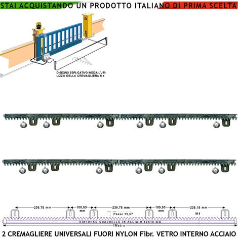Asta Cremagliera Universale Antirumore M4 2 Pezzi da 1 Metro in Nylon Antiusura Interno Acciaio Portata Garantita 6 Q.li Max 10 Q. 6 Bulloni Per Metro Ricambio Cancello Scorrevole Giunture a Incastro (1/4)