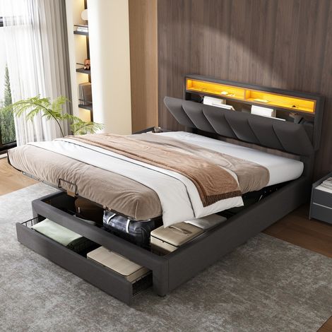 Lit double 140x200 coffre hydraulique avec tiroirs, tête escamotable rembourrée, éclairage LED et cadre acier, tissu lin gris (sans Matelas) (1/5)