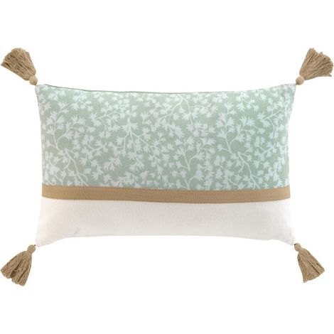 Douceur D'Intérieur – Coussin de sol déhoussable à pompons – Motifs feuillages vert sauge – 30x50 cm – 50% coton, 50% polyester, lavage à 30°C (1/6)