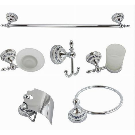 Ensemble De Bain 6 Pièces Acier Verre Céramique Bleu Noir 52438 Savon Rouleau Porte-serviettes