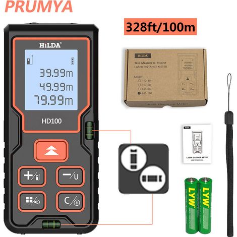 Telemetre Laser Numerique 100m Ecart 2mm LCD Retro eclairage 2 Niveaux de Bulles Mesure de Distance Surface Volume Pythagore (1/5)