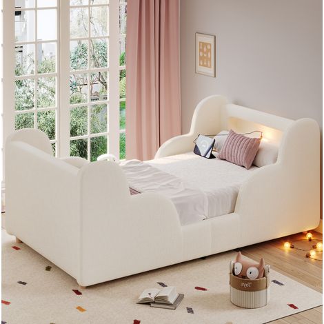 Lit enfant nuage bouclé beige 90x200 cm avec barrières rembourrées, veilleuse, ports USB/Type-C et sommier à lattes