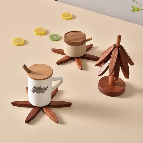 Dessous de verre en bois en forme d'arbre avec support - lot de 3 - dessous de verre pliables en forme d'arbre pour ustensiles de cuisine, théières et bols (noyer) (1/4)