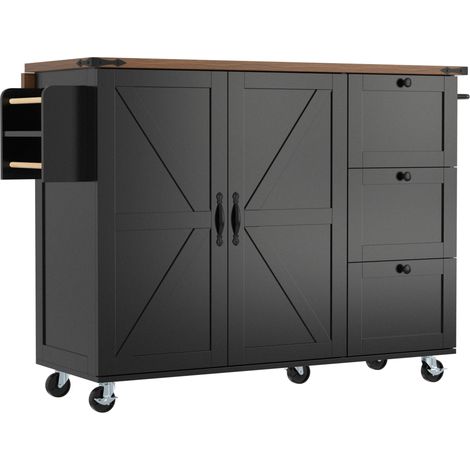 CAIziÎlot de cuisine, desserte avec plan de travail extensible, meuble de cuisine, chariot de cuisine, desserte effet bois, desserte à deux portes et trois tiroirs, noir (1/5)