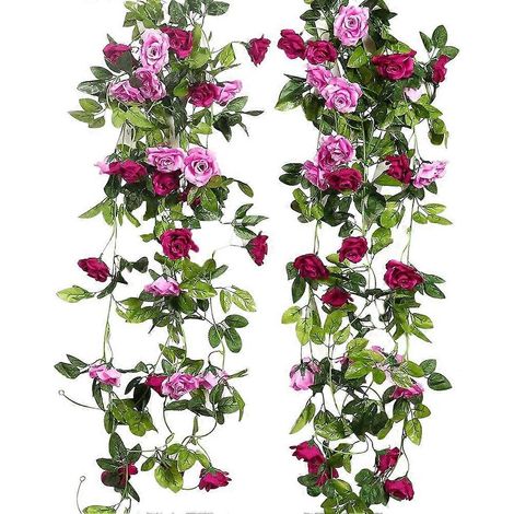 Lot de 2 guirlandes de roses artificielles bicolores de 2,4 m, fleurs en soie suspendues pour mariage en intérieur et extérieur-AquaForge (1/5)
