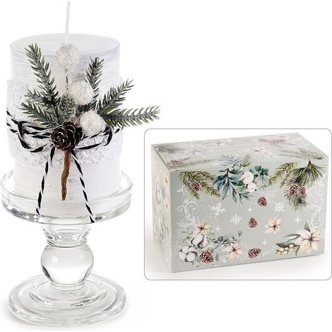 Candele di Natale con portacandela in vetro trasparente e rametti di pino in confezione regalo natalizia, set da 4 pezzi, Candela: Ø 7 x 10 H