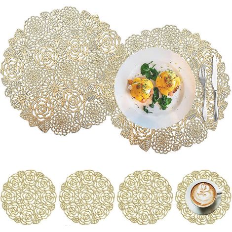 Ensemble de 6 sets de table et dessous de verre ronds en PVC perforé, antidérapants, résistants aux rayures et décoratifs pour les tables. (1/5)