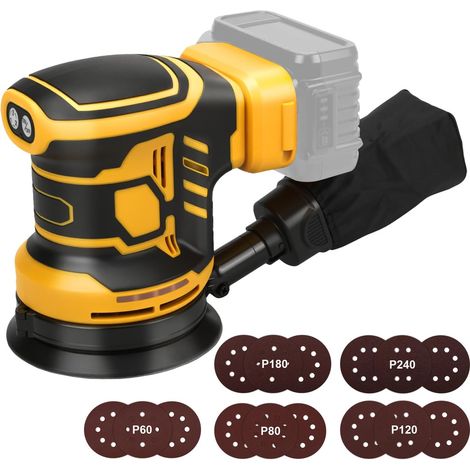 Ponceuse Excentrique pour DeWalt 18V Battery (San Batteries),125 mm Ponceuse Orbitale aléatoire sans fil, 3 vitesses 7000-11000pm avec récipient de capture de poussière et 15 papier de verre