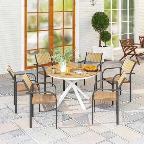 Table de jardin Ø118 cm, table d’appoint avec pieds croisés en teck à lattes, table de balcon imperméable en aluminium (1/4)