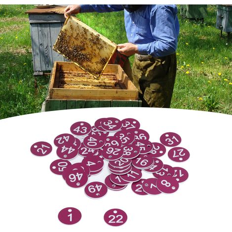 50 Stück/Verkauf von Kennzeichnungsetiketten für Imkerei und Viehzucht, nummerierte Etiketten, perforierte Etiketten, nummerierte Etiketten, Bienenstockmarkierungen, Viehbedarf, Nummern 1-50, lila. (1/5)