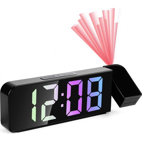 Réveil Projecteur LED 7,9" avec Projection Numérique et Thermomètre, 180° Réglable, 4 Luminosités, Snooze, Mode Nuit, Chiffres Colorés