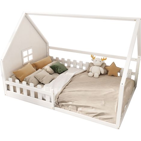 Lit plat, 140200 cm, lit enfant, structure maison, garde-corps, bois de pin, blanc (1/5)