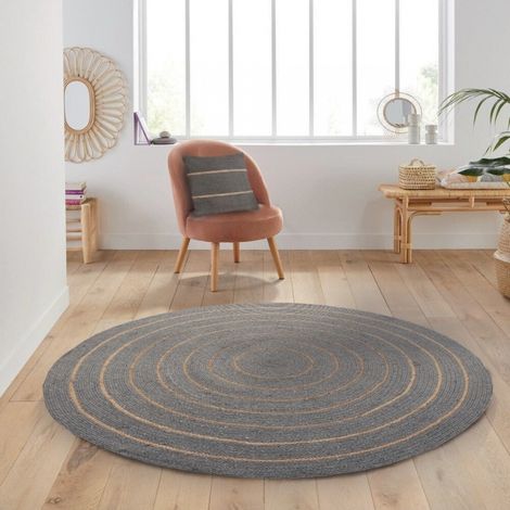 Tapis rond en coton tressé, effet jute rayé, gris, 120 cm - Atout Ciel 69019 (1/4)