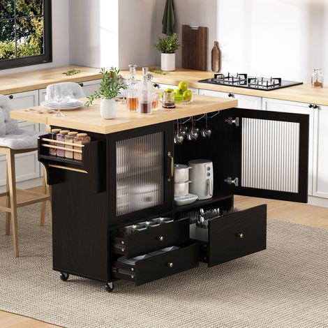 Îlot de cuisine mobile noir sur roues avec table extensible et porte-verres à vin,rangement complet pour cuisine domestique. (1/5)