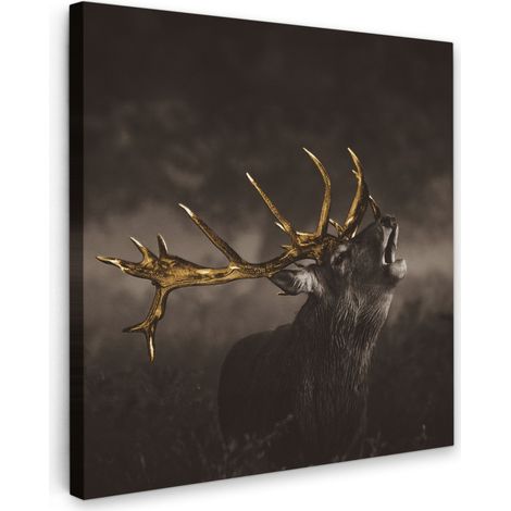 TABLEAU SUR TOILE Chevreuil - Noir - Or Tableau Chambre Adulte 90x90 cm
