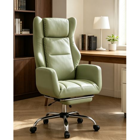 fauteuil de bureau ergonomique vert inclinable 90 à 135 degrés avec repose pieds télescopique accoudoirs rabattables chaise pivotante en cuir pu pour bureau maison (1/5)