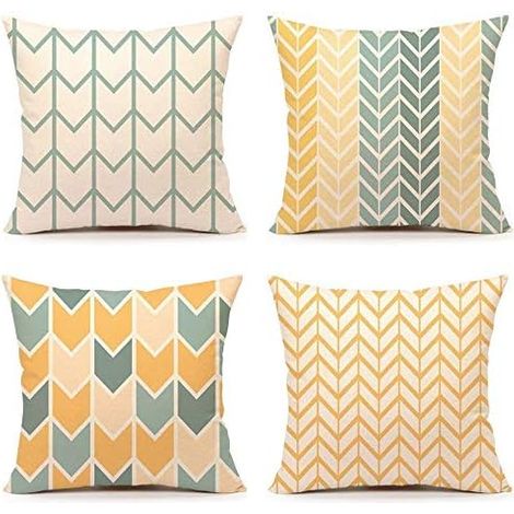 Taies d'oreiller carrées double face décoratives en lin jaune orange - Housses de coussin avec motif géométrique 45 x 45 cm, lot de 4 (1/4)