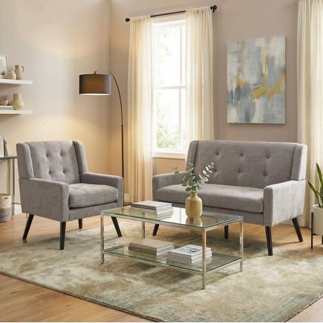Set de sillones 2 piezas gris claro tapizado con espuma de alta densidad, capitoné y patas de madera maciza (1/5)