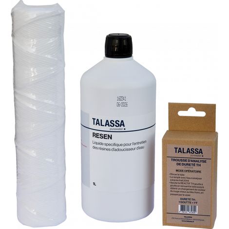 Orion – Kit d'entretien annuel adoucisseur d'eau – Cartouche filtration 20µ – Testeur de dureté TH – Bouteille RESEN pour régénération
