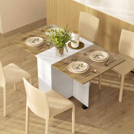 Table rectangulaire extensible en bois, 2 tiroirs et une armoire, 140x76x74 cm, blanc et bois naturel (1/5)